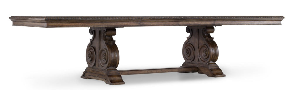 Hooker Furniture Rhapsody Grand Rectangle Dining Table With Scrolled Trestle Base, Reclaimed Walnut Rustic Finish, Seats 8–12 5070-75207