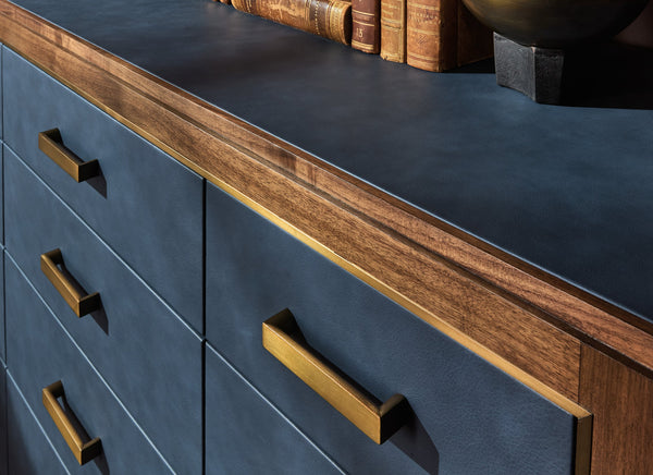 Hooker Furniture Melange Geneva 12 Drawer Walnut Chest with Navy Leather Fronts and Brass Pulls 628-90011-45