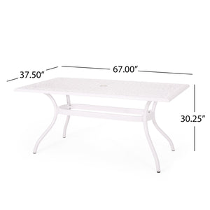 English Elm Christopher Knight Home® - PHOENIX Cast Aluminum Rectangle Dining Table with Floral Lattice, Umbrella Hole, Rust-Resistant Finish White 69.75 L x 40.5 W x 4.75 H 57704.00WHI