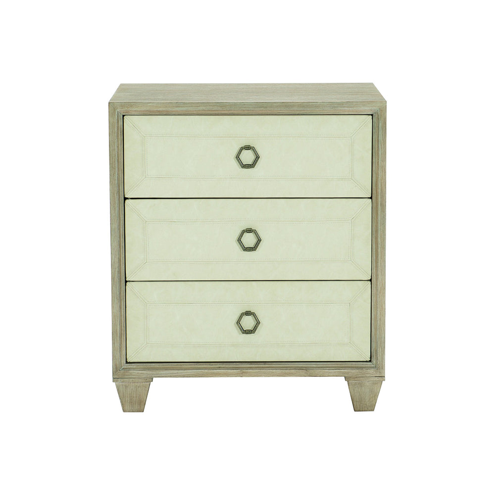 Bernhardt Bernhardt Santa Barbara Nightstand With 3 Fabric-Wrapped Drawers, Warm Oak Finish, Vintage Nickel Accents 385216