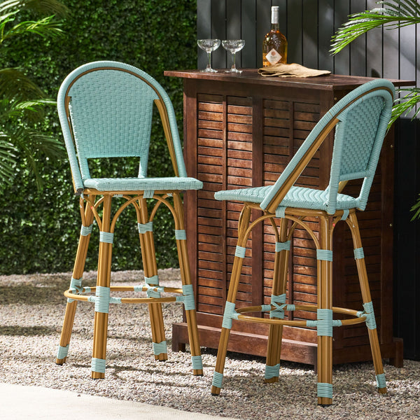 English Elm 29.5" Outdoor Pe Rattan Bistro Barstools Set of 2 Woven Teal French Cafe Style 72606.00LT