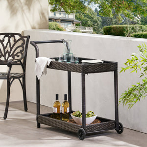 English Elm Savona Woven Resin Wicker Bar Cart with Rolling Casters for Patio or Living Room 56215.00MBRN