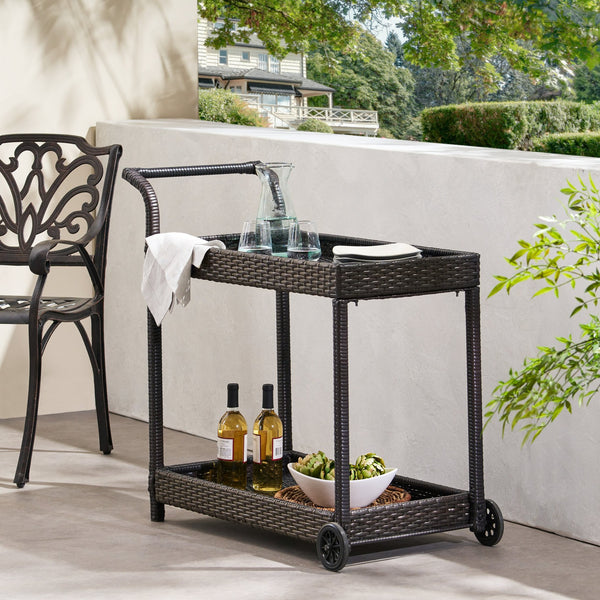 English Elm Savona Woven Resin Wicker Bar Cart with Rolling Casters for Patio or Living Room 56215.00MBRN