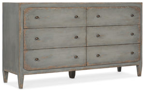 Hooker Furniture Ciao Ciao Bella Six-Drawer Dresser In Time Worn Gray — Burnished Brass, Felt & Cedar-Lined Drawers 5805-90002-95
