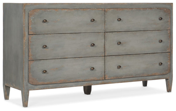 Hooker Furniture Ciao Ciao Bella Six-Drawer Dresser In Time Worn Gray — Burnished Brass, Felt & Cedar-Lined Drawers 5805-90002-95