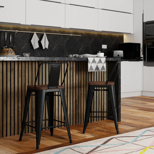 English Elm Rayne 24" Counter Height Stools - Set Of 2, Stylish Black Metal & Elm Wood For Chic Industrial Decor B136P159492-GIGA