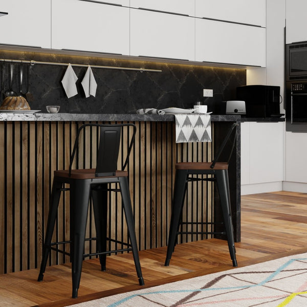 English Elm Rayne 24" Counter Height Stools - Set Of 2, Stylish Black Metal & Elm Wood For Chic Industrial Decor B136P159492-GIGA