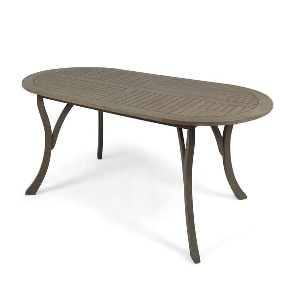 English Elm Acacia Wood Oval Outdoor Dining Table Weathered Gray Slatted Top Seats Six 62917.00GRY