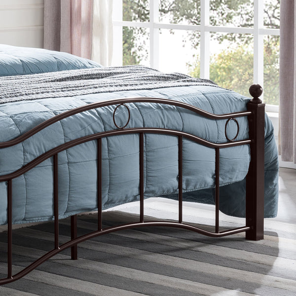 English Elm Queen Iron Platform Bed Camelback Headboard Geometric Finial Posts Victorian Loft Style Copper 63298.00HMCOP-Q
