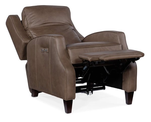 Hooker Furniture Tricia Top-Grain Leather Power Recliner With Usb Port, Adjustable Headrest And Dark Wood Base Grey RC110-PH-094
