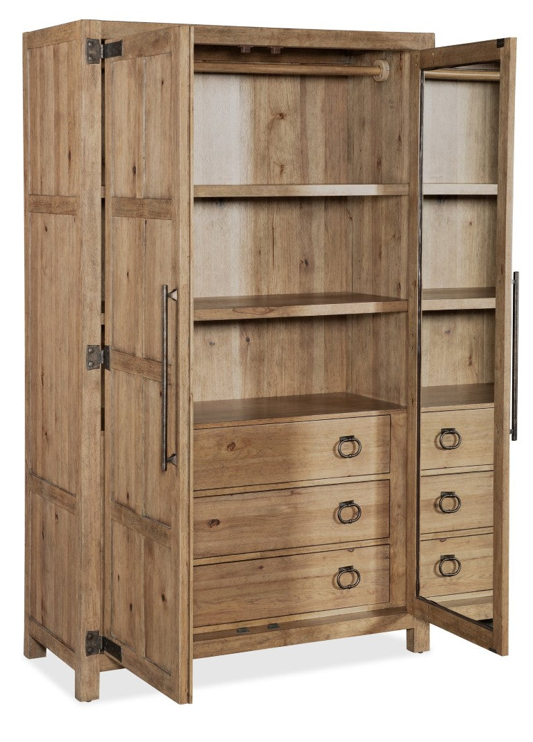 Hooker Furniture Vineyard Pecky Hickory Wardrobe In Sonoma Finish With Mirror Doors, Felt-Lined Drawers & Rustic Hardware 6952-90213-80