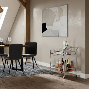 English Elm Watts 26" Bar Cart Chrome Frame with Black Tempered Glass Shelves, Bottle Rings, Glass Rack, Casters B136P159653