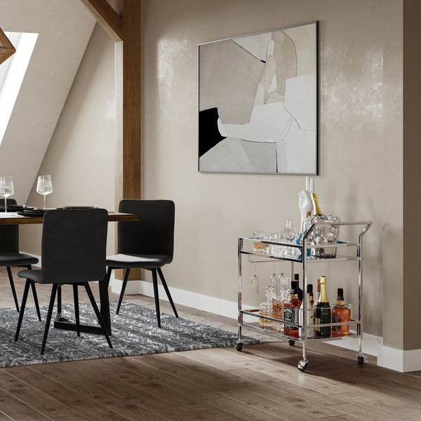 English Elm Watts 26" Bar Cart Chrome Frame with Black Tempered Glass Shelves, Bottle Rings, Glass Rack, Casters B136P159653