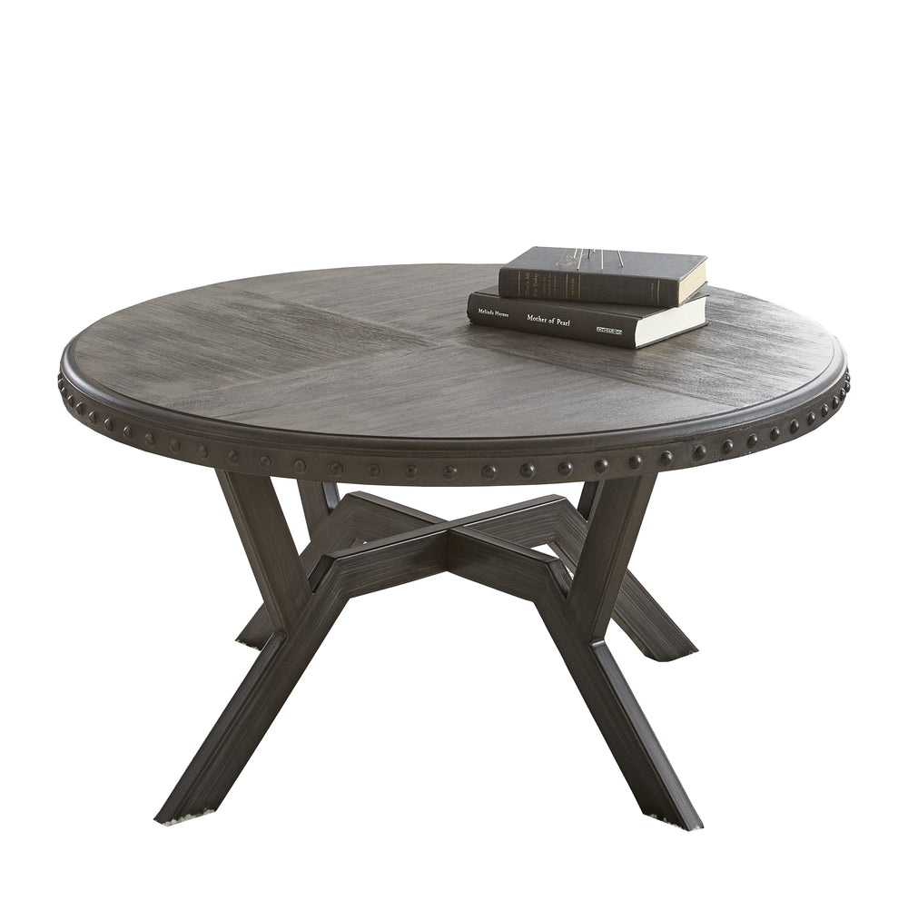 English Elm Steve Silver - Alamo Gray 3-Piece Table Set with Geometric Metal Base, Rivet Rim & Wood Tops — Industrial Chic B081S00356