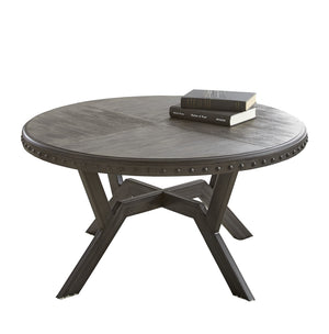 English Elm Steve Silver - Alamo Gray 3-Piece Table Set with Geometric Metal Base, Rivet Rim & Wood Tops — Industrial Chic B081S00356