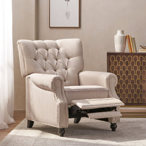 English Elm Christopher Knight Home® - Button Button Tufted Heavy Duty Manual Push-Back Recliner Chair with Nailhead Accents and Comfort Backrest Beige 71976.00