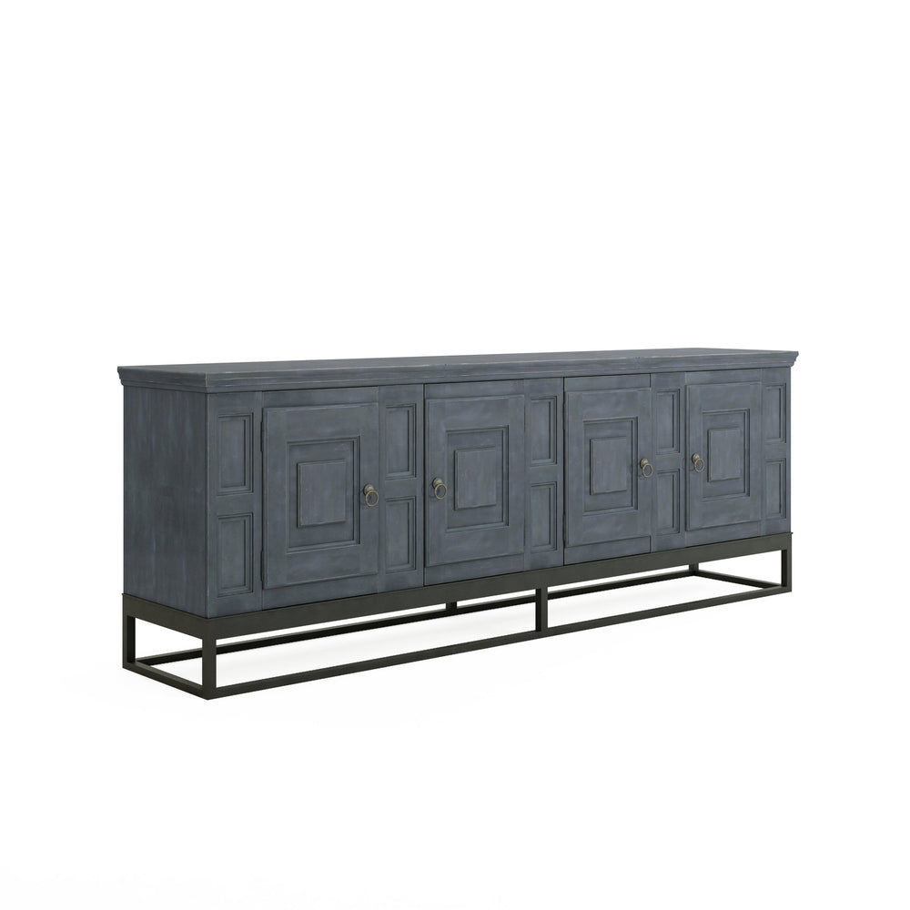 A.R.T. Furniture Alcove Entertainment Console: Stylish Slate & Burnished Brass, Ample Storage, And Organized Design Blue Acacia Solids,Maple Veneers,Iron 321423-2821