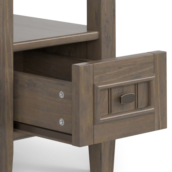 English Elm Lev Narrow End Table Smoky Brown - Handcrafted Solid Wood, Drawer & Open Shelf, Transitional Style B136P158814