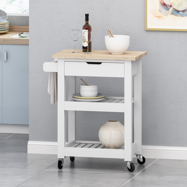 English Elm Christopher Knight Home® - Rolling Kitchen Island with Drawer & Cabinet on Locking Casters, Rubberwood Top, Compact White Design 67753.00NATWHT