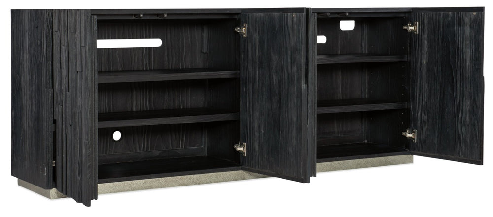 Hooker Furniture Chapman Charred Black Shou Sugi Ban Entertainment Console With Integrated Power, Ventilation, Storage 6033-55480-99
