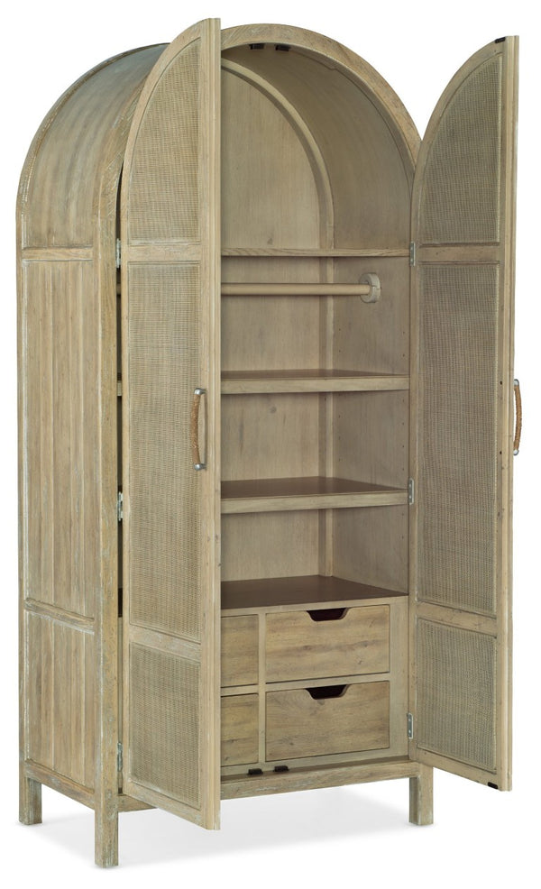 Hooker Furniture Surfrider Coastal Wardrobe With Pecan Veneer & Rattan Doors, Driftwood Finish, Distressed Beach Charm 6015-90013-80