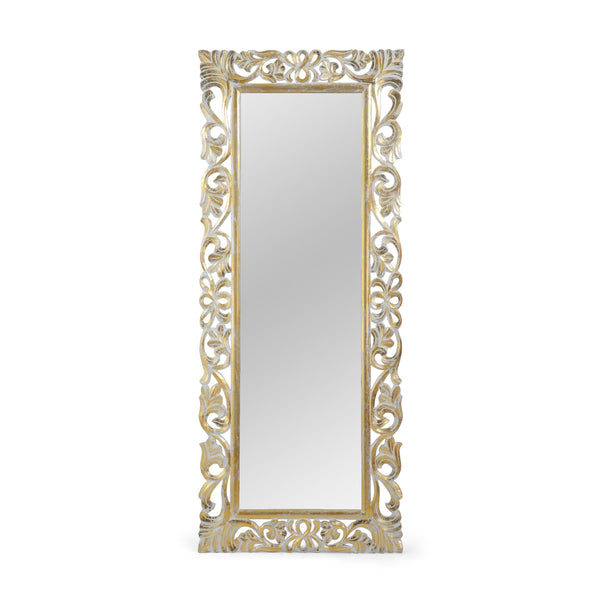English Elm Christopher Knight Home® - RECTANGLE Hand-Carved Floral Standing Mirror, Distressed White & Gold Frame, Tempered Glass, 72" Tall 67058.00