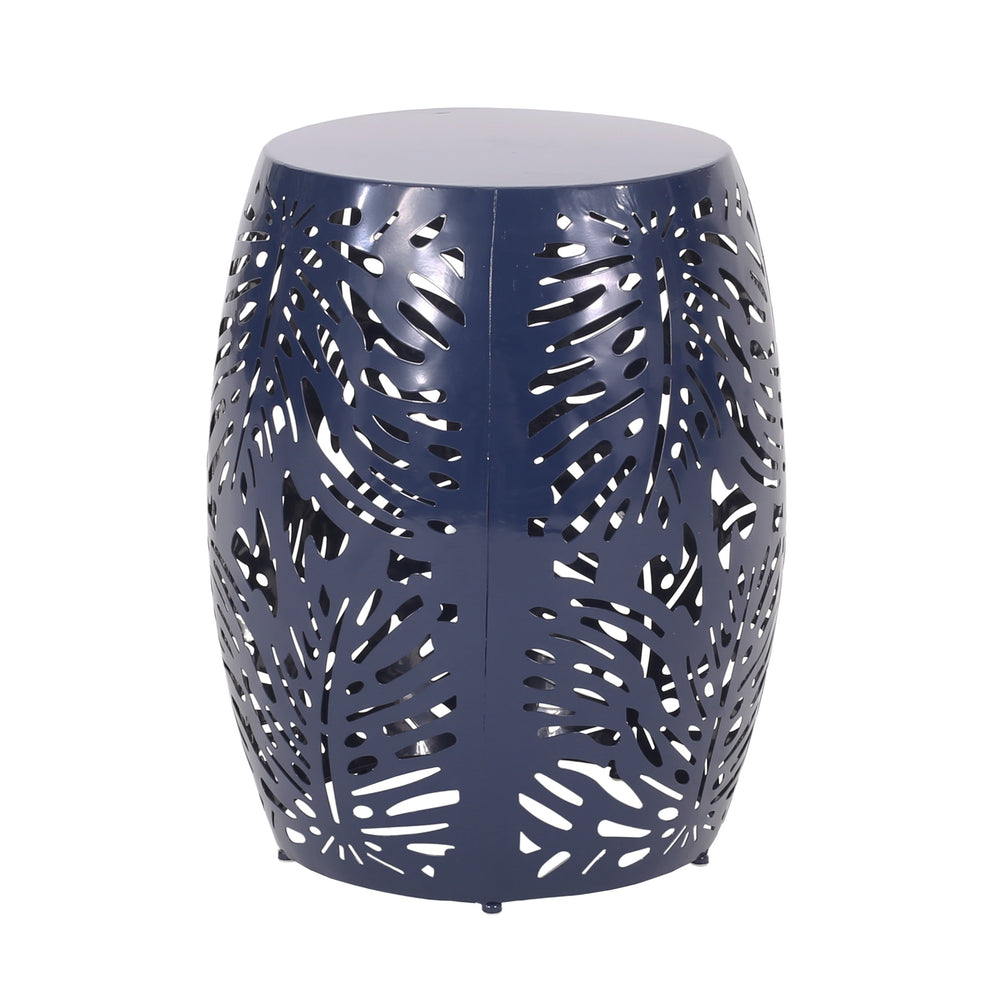 English Elm Metal Cylindrical Accent Table Powder Coated Iron with Tropical Palm Leaf Lattice Design Navy Blue 73613.00NBLU