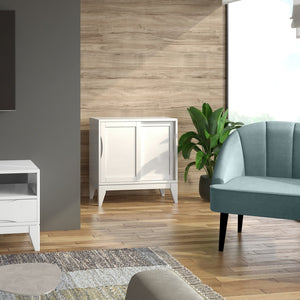 English Elm Harper Mid-Century 30" Solid Hardwood Low Storage Cabinet with Sliding Doors, Eco-Friendly Finish White B136P158710