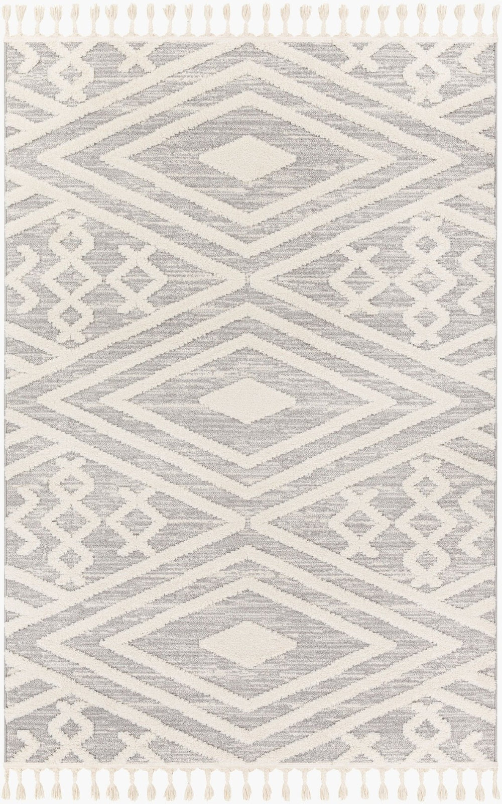 Livabliss Nora High Pile Polypropylene Area Rug with Fringe Turkish Woven Living Room Accent Light Gray, Cre 6'7" x 9' NOA2302-679