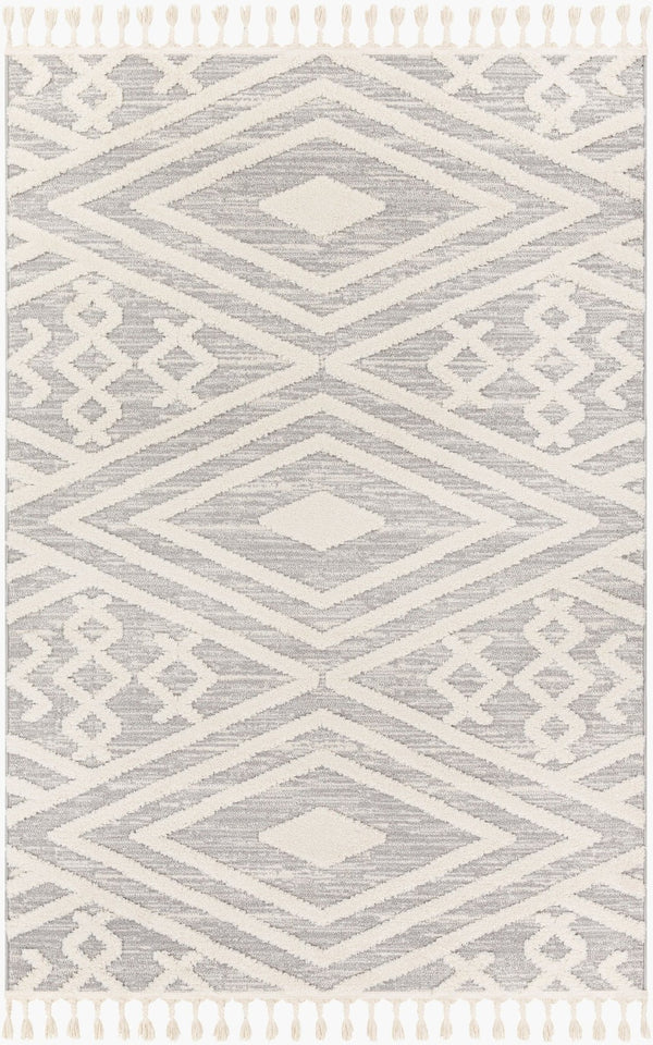 Livabliss Nora High Pile Polypropylene Area Rug with Fringe Turkish Woven Living Room Accent Light Gray, Cre 6'7" x 9' NOA2302-679