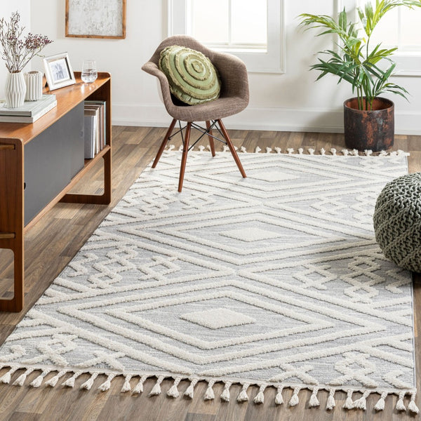 Livabliss Nora High Pile Polypropylene Area Rug with Fringe Turkish Woven Living Room Accent Light Gray, Cre 6'7" x 9' NOA2302-679