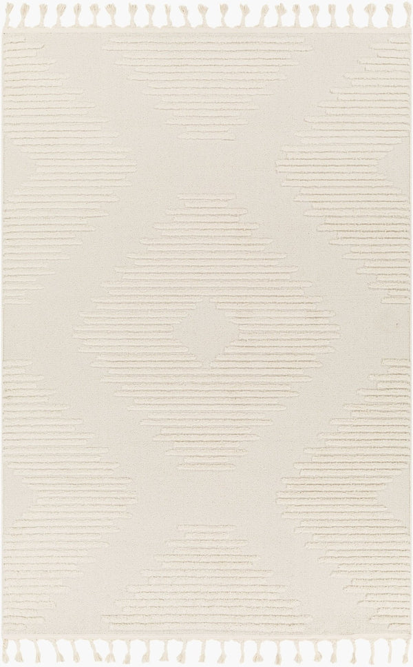 Livabliss Nora Global Bohemian High Pile Polypropylene Area Rug with Fringe for Living Room Light Gray, Cre 6'7" x 9' NOA2304-679