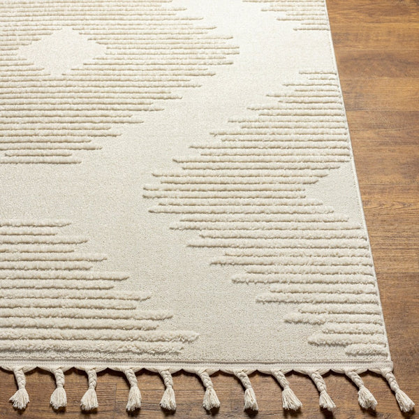 Livabliss Nora Global Bohemian High Pile Polypropylene Area Rug with Fringe for Living Room Light Gray, Cre 6'7" x 9' NOA2304-679