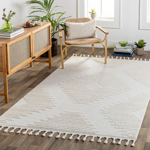 Livabliss Nora Global Bohemian High Pile Polypropylene Area Rug with Fringe for Living Room Light Gray, Cre 6'7" x 9' NOA2304-679