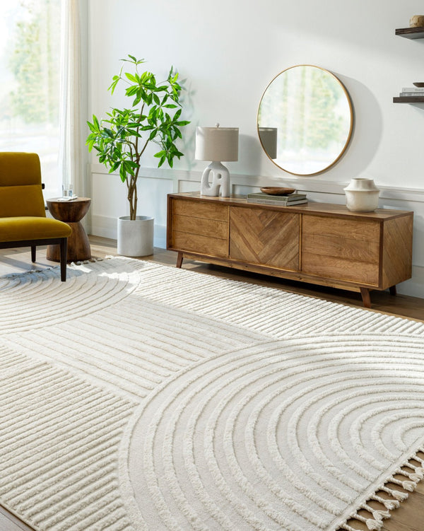Livabliss Nora Collection High Pile Polypropylene Area Rug with Fringe for Modern Living Spaces Light Gray, Cre 6'7" x 6'7" NOA2309-67SQ