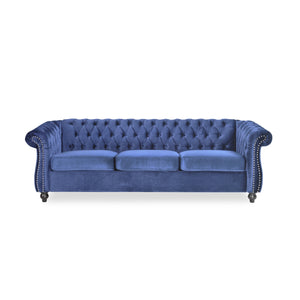 Hearth and Haven Ascend 3-Seater Sofa with Deep Button Tufting, Nailhead Accents and Scrolled Arms, Blue 68014.00MDBLU