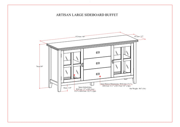 English Elm Artisan Large Sideboard Buffet - Elegant Dark Chestnut Brown, Functional Storage, Timeless Design B136P158417