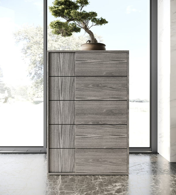 VIG Furniture Asus Italian Elm Grey Chest With 5 Soft-Close Drawers, Matte Veneer, Built-In Handles, 33.4X18.5X50" VGACASUS-CHEST-GRY-1
