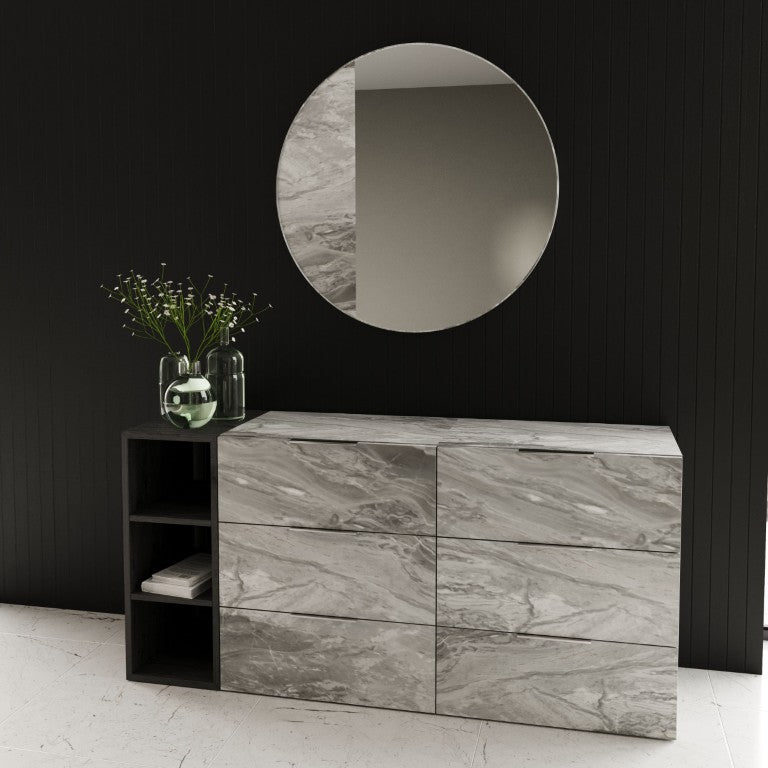 VIG Furniture Maranello Sleek 36" Round Mirror With White-Grey Faux Marble Frame — Edgeless, Lightweight Luxe VGMAMQT-S25-BR-121-GRY-MIR