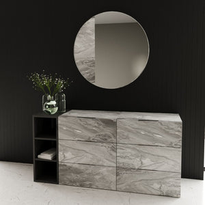 VIG Furniture Maranello Sleek 36" Round Mirror With White-Grey Faux Marble Frame — Edgeless, Lightweight Luxe VGMAMQT-S25-BR-121-GRY-MIR
