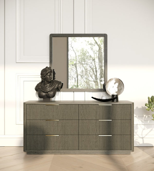 VIG Furniture Santa Monica Grey Wash Dresser With Gold Accents, 6 Soft-Close Drawers, Solid Rubberwood, 68"W X32"H VGMA-BR-144-DRS-GRY