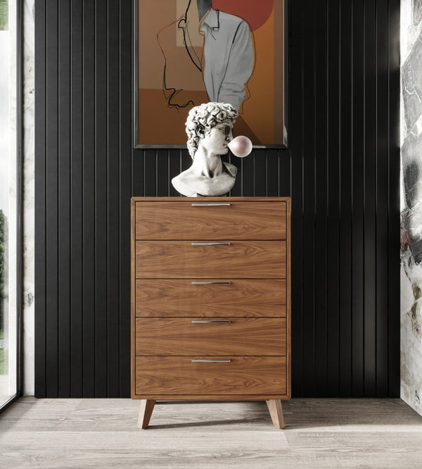 VIG Furniture Soria Mid-Century Walnut Chest With 5 Drawers, Brushed Steel Handles, Walnut Veneer, No Assembly VGMABR-32-CHST