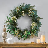 Christopher Knight Home® - Noble House - Geddes 30" Eucalyptus and Pine Artificial Silk Wreath with Baby'S Breath, Green and White