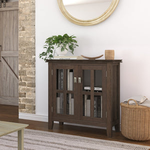 English Elm Artisan Low Storage Cabinet - Handcrafted Farmhouse Brown Wood With Glass Doors & Adjustable Shelves B136P158392