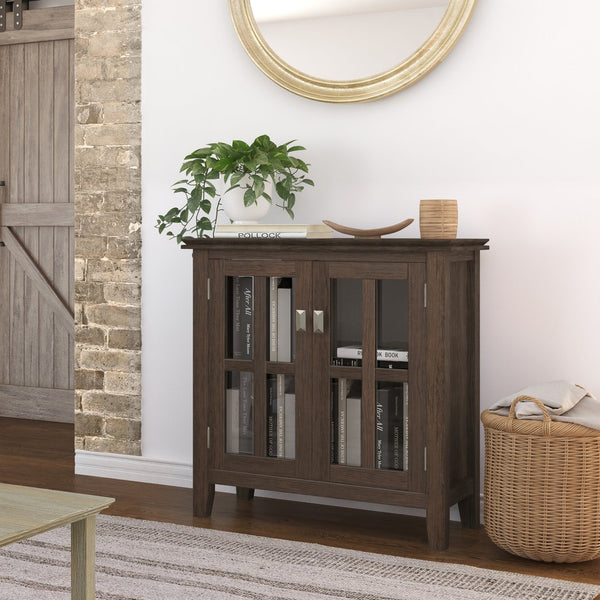 English Elm Artisan Low Storage Cabinet - Handcrafted Farmhouse Brown Wood With Glass Doors & Adjustable Shelves B136P158392