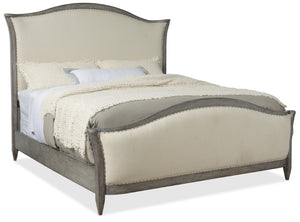 Hooker Furniture Ciao Queen Upholstered Bed With Hand‑Chiseled Speckled Gray Frame, Cream Tuscan White Upholstery, Nailhead Trim Beige 5805-90850-96