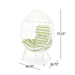 English Elm Christopher Knight Home® - GIANNI Teardrop Wicker Outdoor Chair with Water-Resistant Cushion, Handcrafted Faux Rattan Iron Frame Comfort White+Green 65645.00WGRN