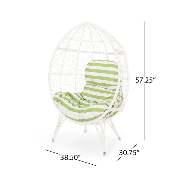 English Elm Christopher Knight Home® - GIANNI Teardrop Wicker Outdoor Chair with Water-Resistant Cushion, Handcrafted Faux Rattan Iron Frame Comfort White+Green 65645.00WGRN