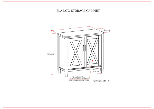 English Elm Ela Smoky Brown Low Storage Cabinet – Handcrafted Solid Wood, Shaker X Doors, Adjustable Shelves, 32" B136P158604