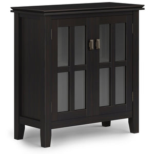 English Elm Artisan Low Storage Cabinet In Rich Hickory Brown - Handcrafted Wood, Glass Doors & Adjustable Shelves B136P158396